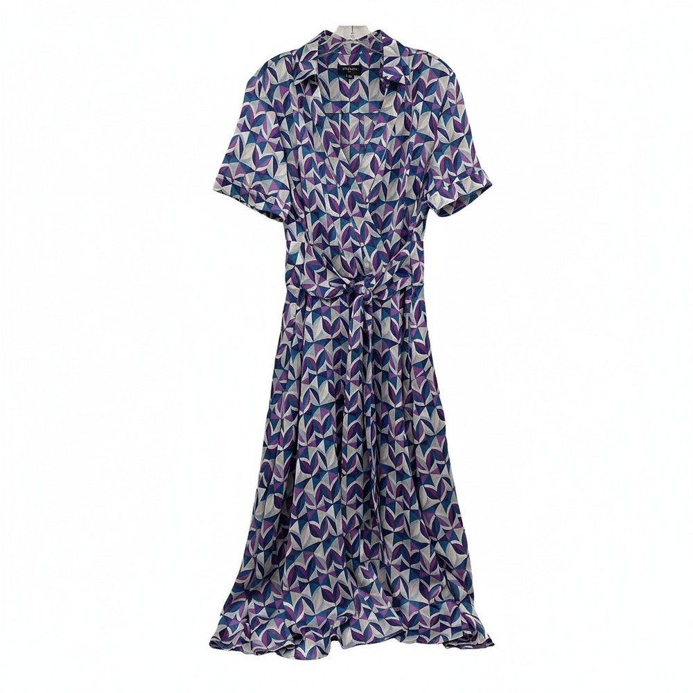 Tahari Purple Blue Geometric Print Satin Collared Midi Dress | Size 10